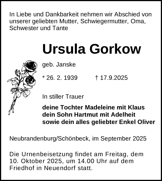 Traueranzeige von Ursula Gorkow von Nordkurier Strelitzer Zeitung
