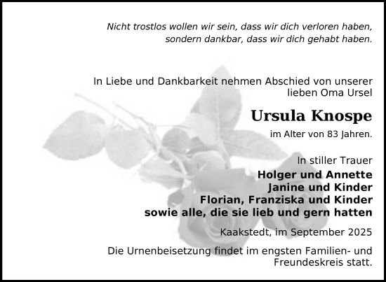 Traueranzeige von Ursula Knospe von Uckermark Kurier Templiner Zeitung