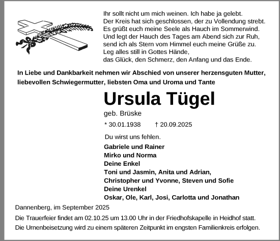 Traueranzeige von Ursula Tügel von Ludwigsluster Tageblatt
