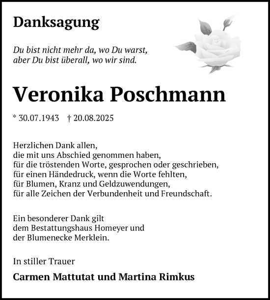 Traueranzeige von Veronika Poschmann von Nordkurier Demminer Zeitung