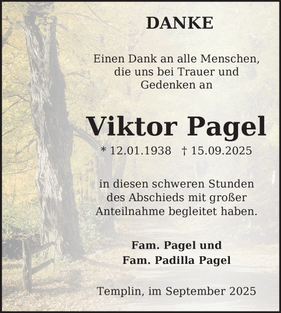 Traueranzeige von Viktor Pagel von Uckermark Kurier Templiner Zeitung