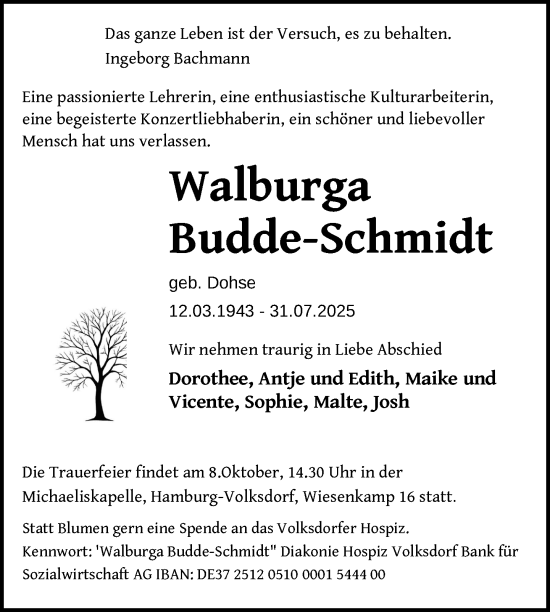 Traueranzeige von Walburga Budde-Schmidt von Nordkurier Neubrandenburger Zeitung