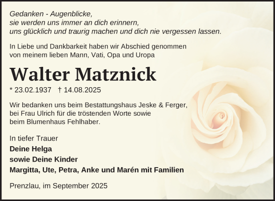 Traueranzeige von Walter Matznick von Uckermark Kurier Prenzlauer Zeitung