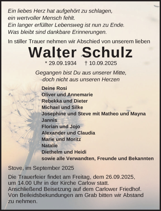 Traueranzeige von Walter Schulz von Gadebusch - Rehnaer Zeitung