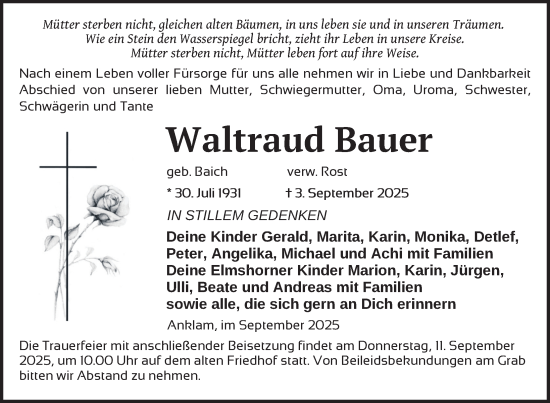 Traueranzeige von Waltraud Bauer von Nordkurier Vorpommern Kurier