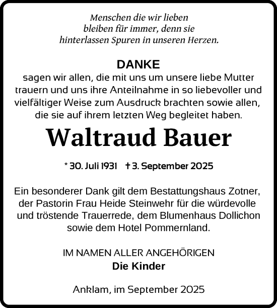 Traueranzeige von Waltraud Bauer von Nordkurier Vorpommern Kurier