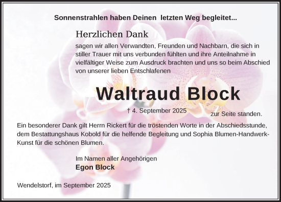 Traueranzeige von Waltraud Block von Gadebusch - Rehnaer Zeitung