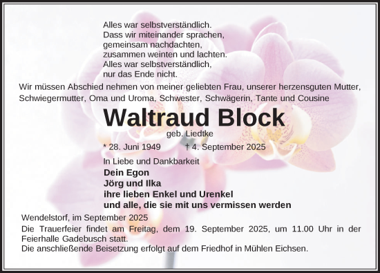 Traueranzeige von Waltraud Block von Zeitung für die Landeshauptstadt
