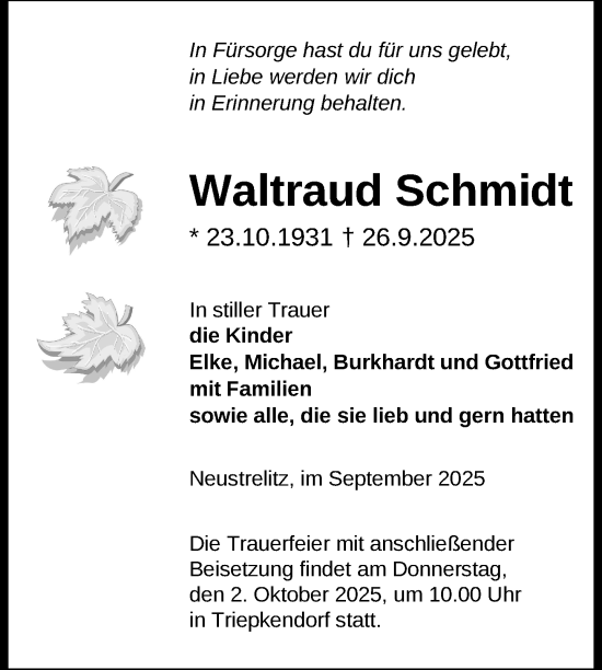 Traueranzeige von Waltraud Schmidt von Nordkurier Strelitzer Zeitung