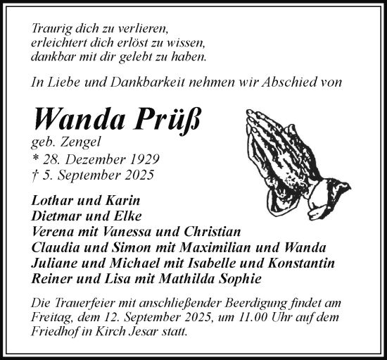 Traueranzeige von Wanda Prüß von Hagenower Kreisblatt