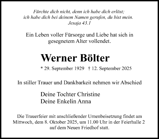 Traueranzeige von Werner Bölter von Norddeutsche Neueste Nachrichten