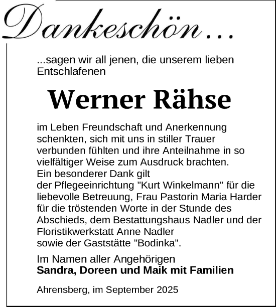 Traueranzeige von Werner Rähse von Nordkurier Strelitzer Zeitung