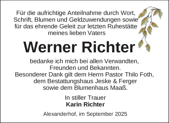 Traueranzeige von Werner Richter von Uckermark Kurier Prenzlauer Zeitung