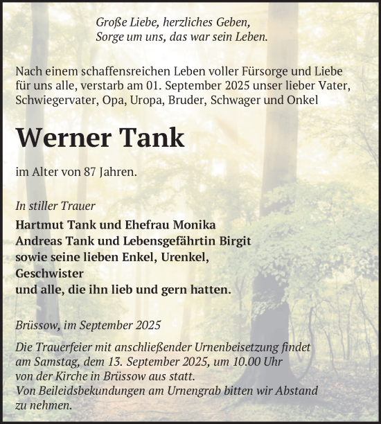 Traueranzeige von Werner Tank von Uckermark Kurier Prenzlauer Zeitung