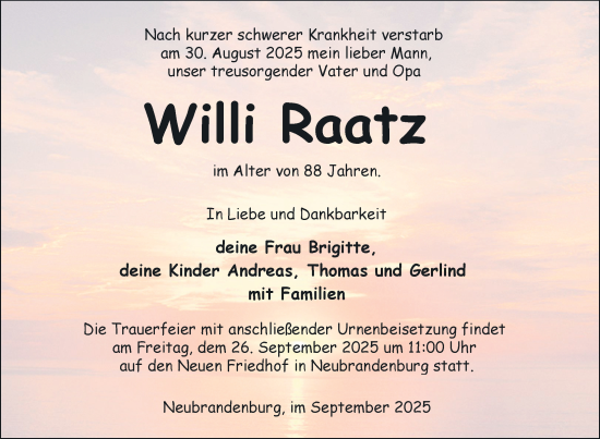 Traueranzeige von Willi Raatz von Nordkurier Neubrandenburger Zeitung