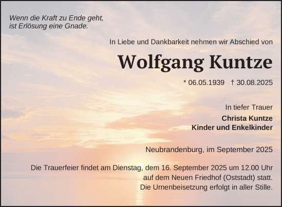 Traueranzeige von Wolfgang Kuntze von Nordkurier Neubrandenburger Zeitung