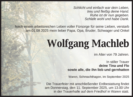 Traueranzeige von Wolfgang Machleb von Nordkurier Müritz-Zeitung
