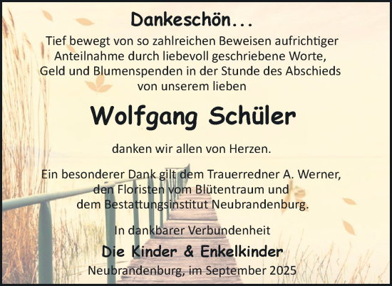 Traueranzeige von Wolfgang Schüler von Nordkurier Neubrandenburger Zeitung