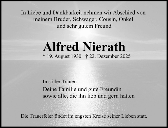 Traueranzeige von Alfred Nierath von Norddeutsche Neueste Nachrichten