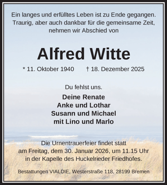 Traueranzeige von Alfred Witte von Uckermark Kurier Prenzlauer Zeitung