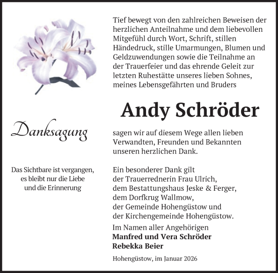 Traueranzeige von Andy Schröder von Uckermark Kurier Prenzlauer Zeitung