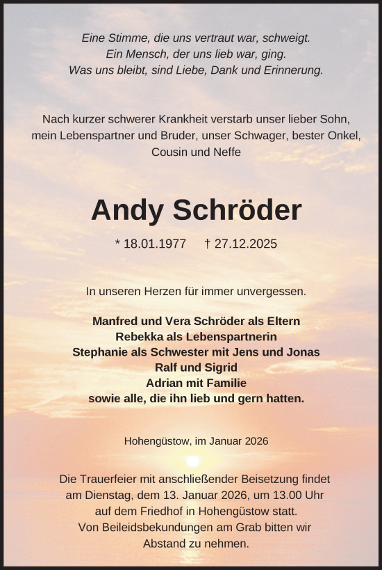 Traueranzeige von Andy Schröder von Uckermark Kurier Prenzlauer Zeitung