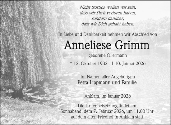 Traueranzeige von Anneliese Grimm von Nordkurier Vorpommern Kurier