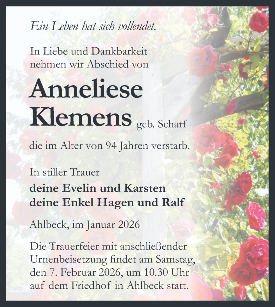 Traueranzeige von Anneliese Klemens von Nordkurier Haff-Zeitung
