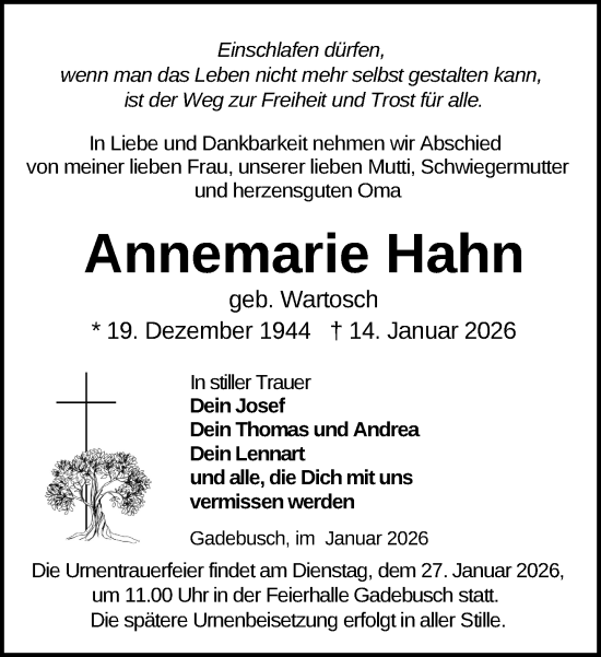 Traueranzeige von Annemarie Hahn von Gadebusch - Rehnaer Zeitung