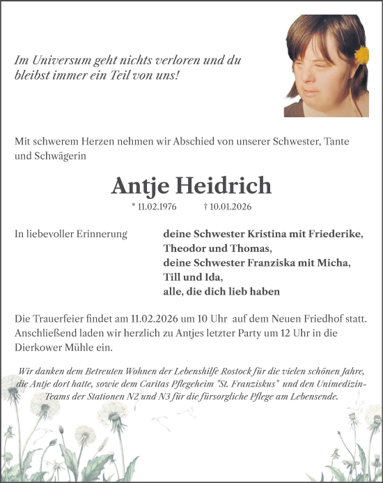 Traueranzeige von Antje Heidrich von Norddeutsche Neueste Nachrichten