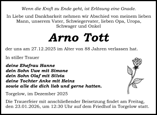 Traueranzeige von Arno Tott von Nordkurier Haff-Zeitung