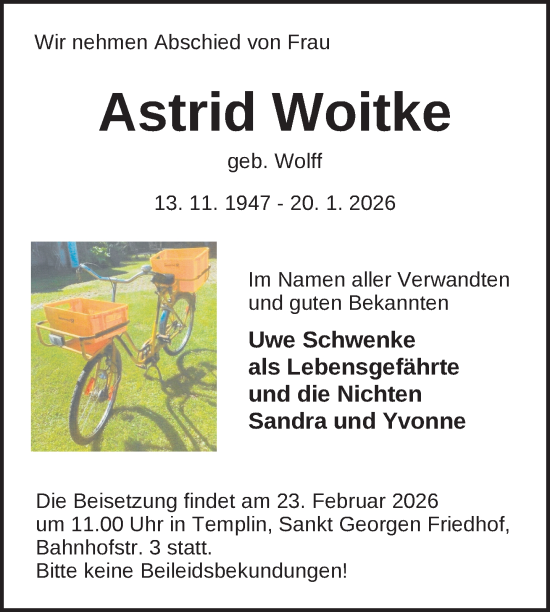 Traueranzeige von Astrid Woitke von Uckermark Kurier Templiner Zeitung