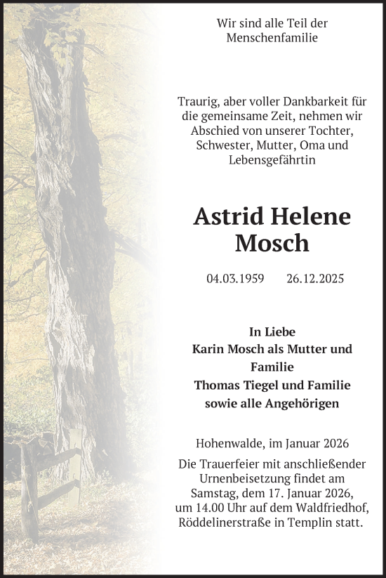 Traueranzeige von Astrid Helene Mosch von Uckermark Kurier Templiner Zeitung