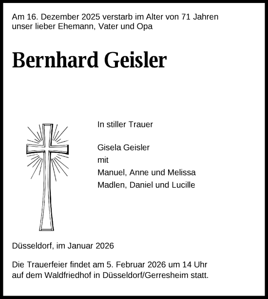 Traueranzeige von Bernhard Geisler von Nordkurier Vorpommern Kurier