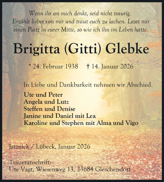Traueranzeige von Brigitta Glebke von Nordkurier Pasewalker Zeitung