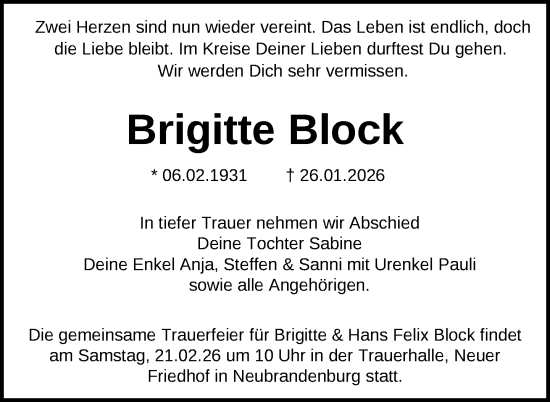 Traueranzeige von Brigitte Block von Nordkurier Neubrandenburger Zeitung, Nordkurier Grosso