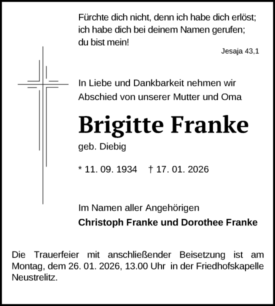 Traueranzeige von Brigitte Franke von Nordkurier Grosso