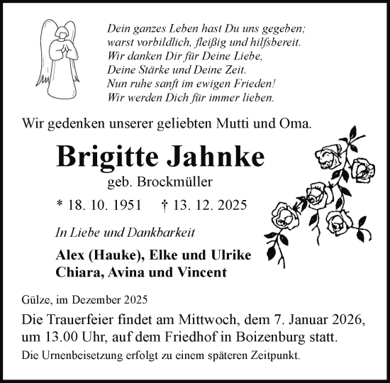 Traueranzeige von Brigitte Jahnke von Hagenower Kreisblatt