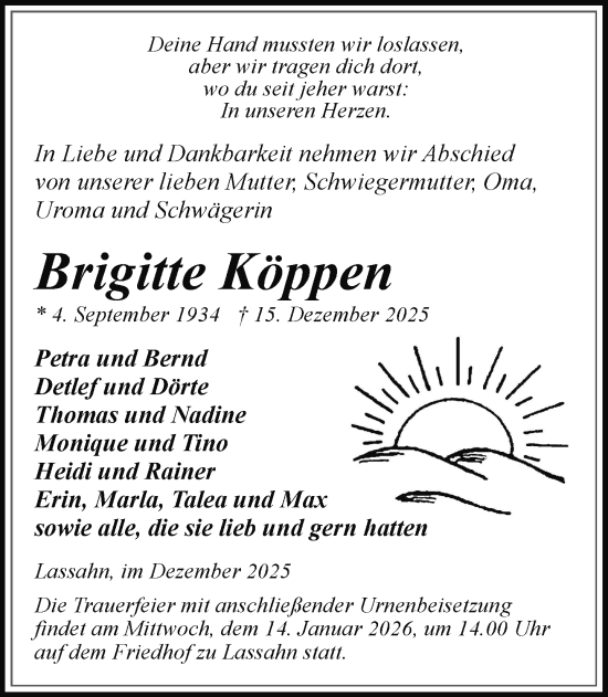 Traueranzeige von Brigitte Köppen von Hagenower Kreisblatt