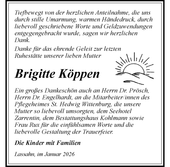 Traueranzeige von Brigitte Köppen von Hagenower Kreisblatt