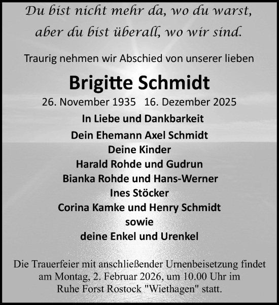 Traueranzeige von Brigitte Schmidt von Norddeutsche Neueste Nachrichten