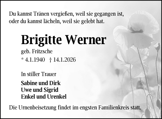 Traueranzeige von Brigitte Werner von Nordkurier Neubrandenburger Zeitung