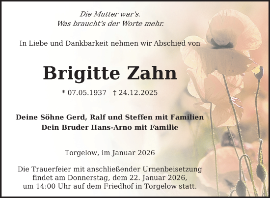 Traueranzeige von Brigitte Zahn von Nordkurier Grosso