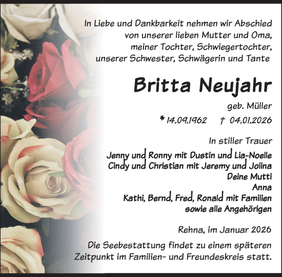 Traueranzeige von Britta Neujahr von Gadebusch - Rehnaer Zeitung
