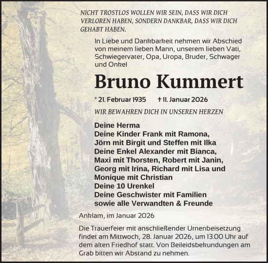 Traueranzeige von Bruno Kummert von Nordkurier Vorpommern Kurier