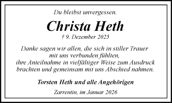 Traueranzeige von Christa Heth von Hagenower Kreisblatt