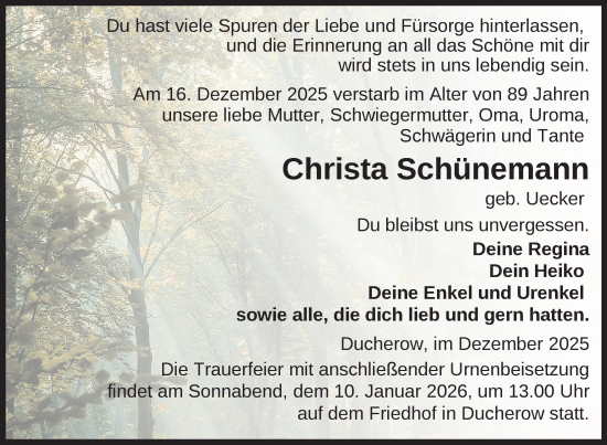 Traueranzeige von Christa Schünemann von Nordkurier Vorpommern Kurier