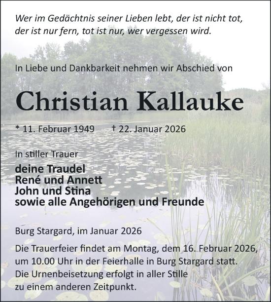 Traueranzeige von Christian Kallauke von Nordkurier Neubrandenburger Zeitung