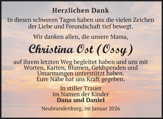 Traueranzeige von Christina Ost von Nordkurier Neubrandenburger Zeitung