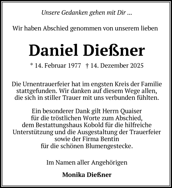 Traueranzeige von Daniel Dießner von Gadebusch - Rehnaer Zeitung